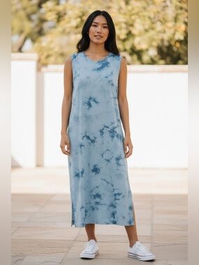 OLD NAVY (M) Vintage Tie-Dye Crew-Neck Maxi Dress Cotton Soft Vented Blue NWT